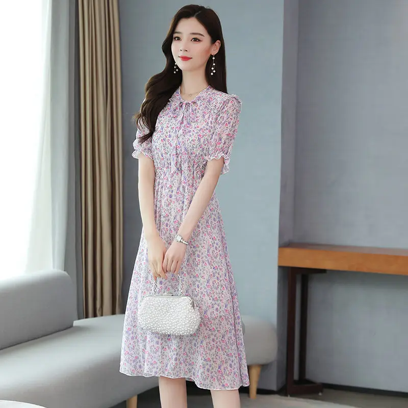 

Women's Dress For summer Bow collar Puff Sleeve Flowers printing Floral Thin section Chiffon fashion Women's Dresses SS3260