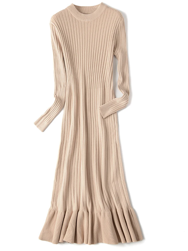 Осенне зимнее плотное платье свитер русалки для женщин длинное с круглым вырезом