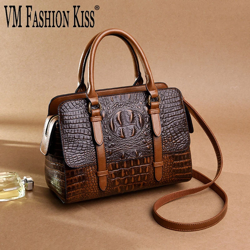

VM FASHION KISS Split Leather Alligator Pattern Women Boston Big Totes Ladies Shoulder Bag Luxury Famous Brand Crossbody Bags