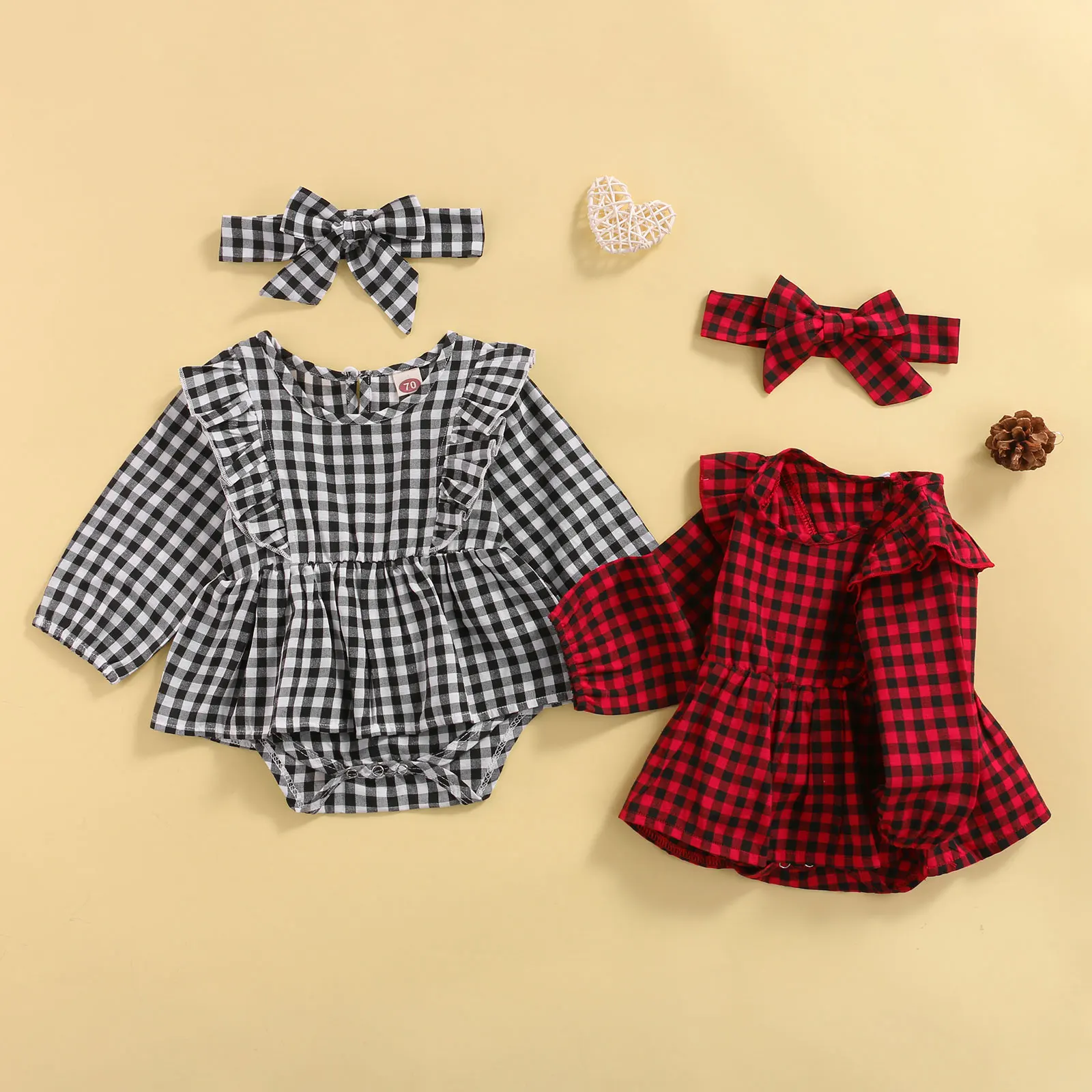 

Baby Girls Two-piece Clothes Set Plaid Printed Pattern Long Sleeve Romper and Headdress, Black/ Red