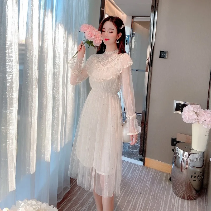 

2021 Women Summer Vestidos Romantic Tulle Fairy Dress New Stand Collar Beading Tassels Soild Ruffles Mesh Dress Cute Mid Dress