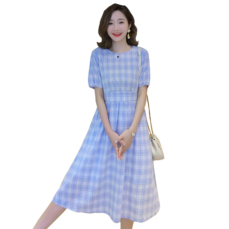 

9109 Summer Korean Fahion Plaid Cotton Maternity Long Dress A Line Slim Waist Loose Clothes for Pregnant Women Elegant Pregnancy