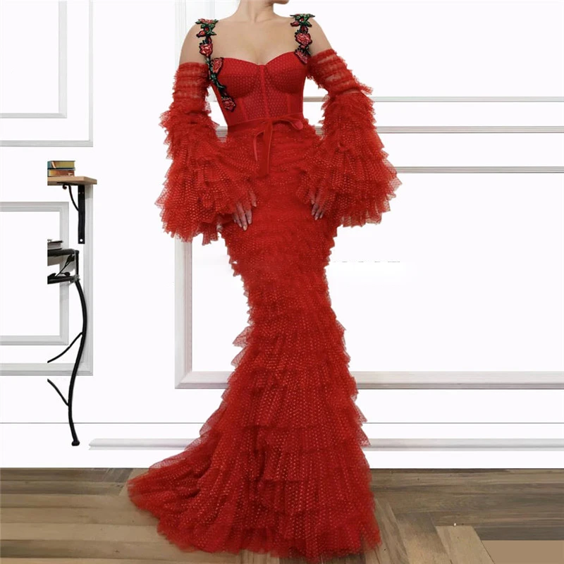 

Embroidery Sexy Mermaid Evening Formal Dresses 2019 New Tiered Muslim Arabic Long Sleeves Prom Gown Red Dress Robe De Soiree