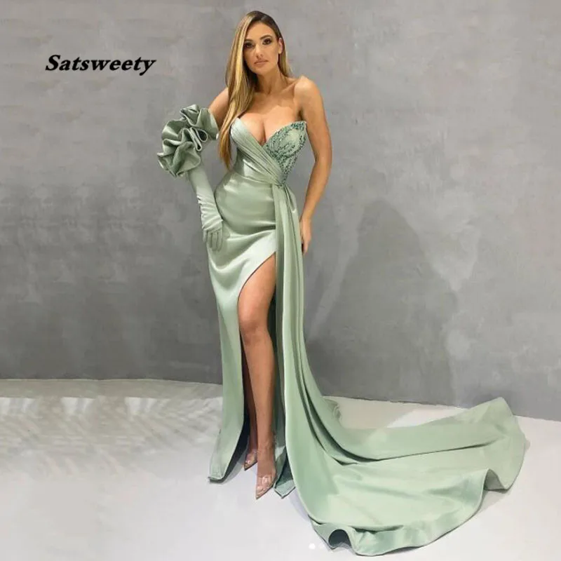 Зеленое Вечернее платье русалки Стиль высоким бортом Разделение выпускного