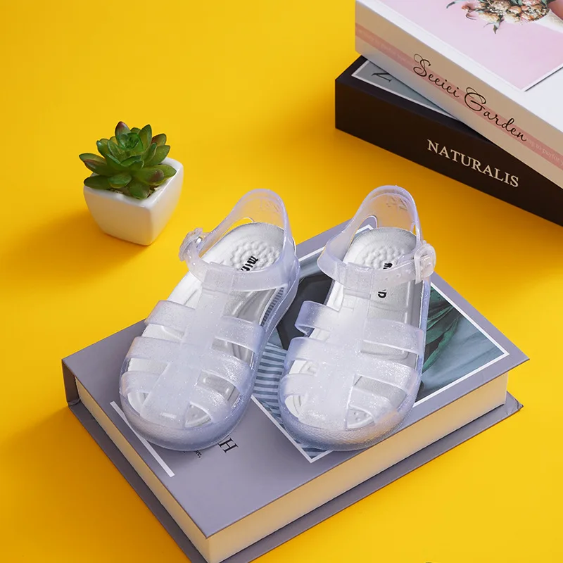 Летние Новые прозрачные ПВХ Туфли-желе принцесса Баотоу детские римские пляжные