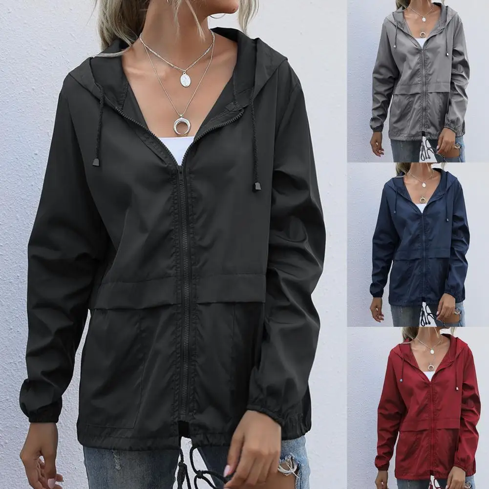 

Women’s Jackets Solid Zipper Closure Hooded Jacket Thin Long Sleeve Windproof Coat Hooded Drawstring Female Clothing Plus Size