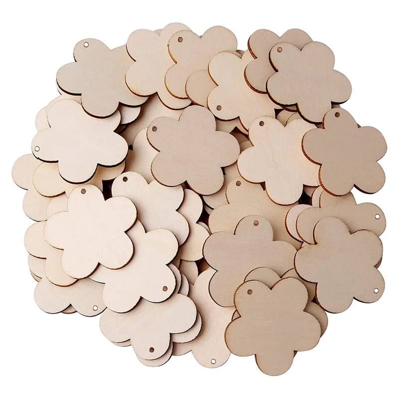 Акция! 100 шт. 2-дюймовые деревянные ломтики в форме цветка Пустые бирки с