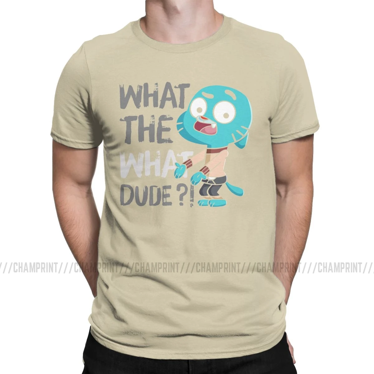 Men T-Shirt What The What Dude Creative Pure Cotton Tees Short Sleeve The Amazing World of Gumball T Shirt O Neck Tops Gift - Цвет: Хаки
