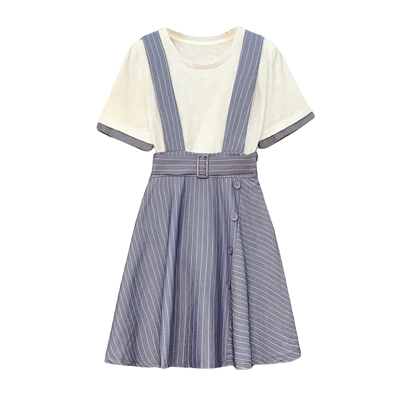 

4XL Plus Size 2021 New Hit Summer Women Short Sleeves Cotton T-Shirt + Striped Suspender Skirt Ladies Suits Female Clothing