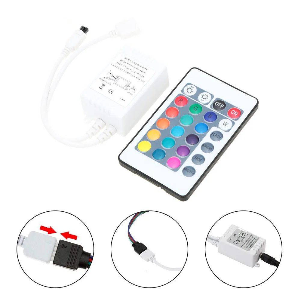 

RGB LED Strip Light Remote With 4-Pin Connectors 24 Key IR Universal Remote Controller For 5050 3528 RGB LED Lights DC12V