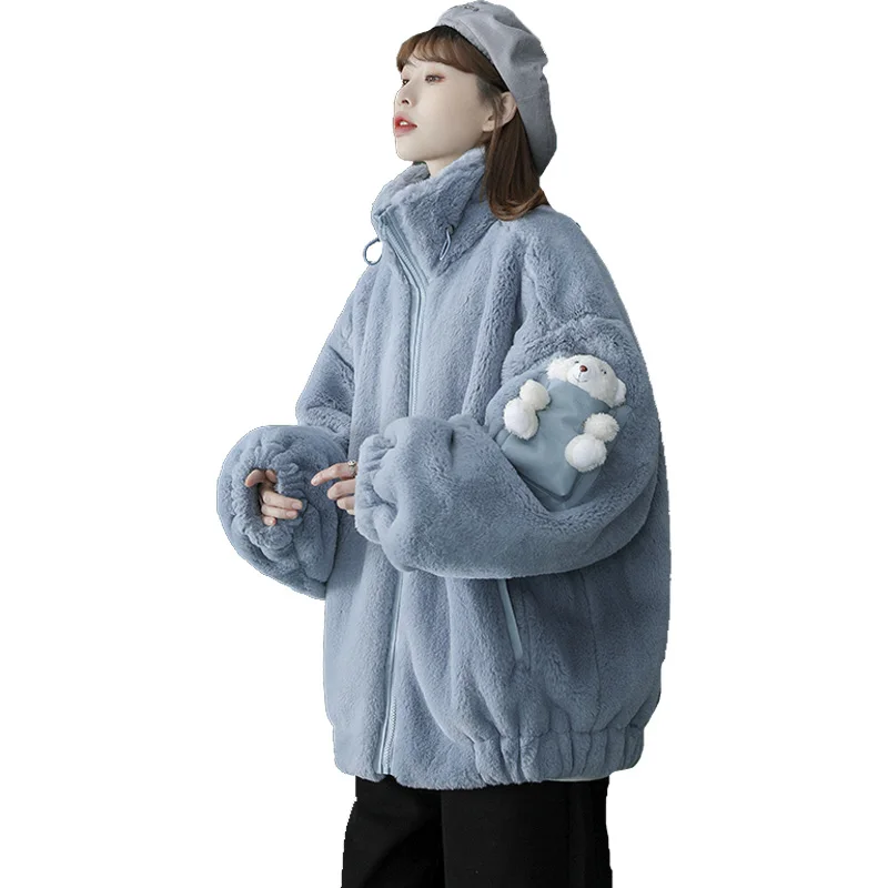 New short coat winter female blue imitation mink loose sweet casual lovely high collar top fashion thickened Plush coat