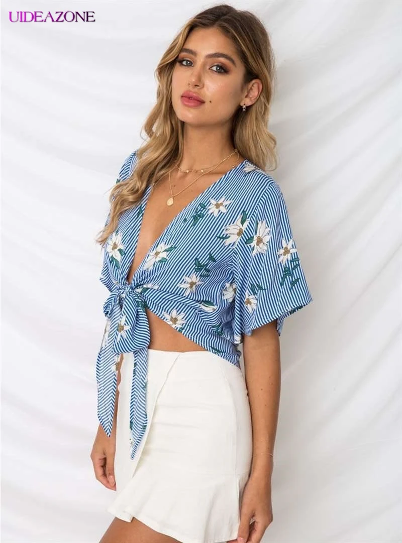 UIDEAZONE Модный женский летний укороченный топ с завязками сексуальный цветочным