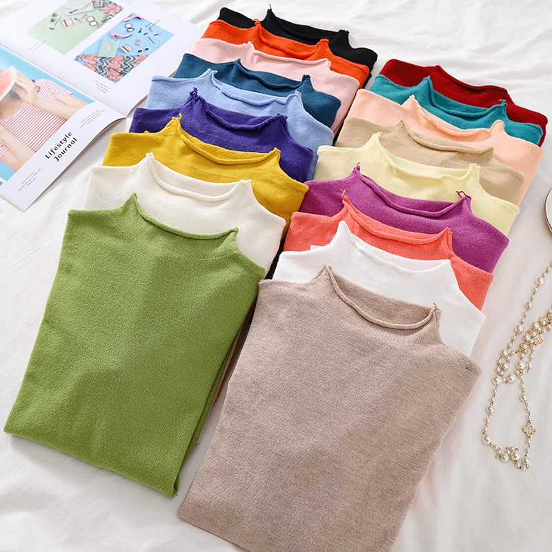 Женский свитер с высоким воротником и длинным рукавом облегающий вязаный