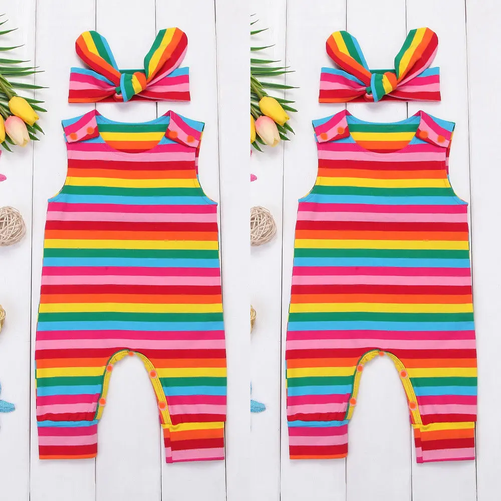

Rainbow Romper Cute Newborn Baby Girls Jumpsuit Romper Headband 2Pcs Sleeveless Outfits Colorful Clothes