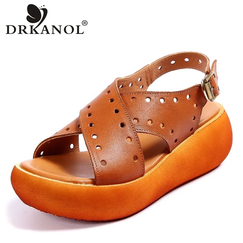 

DRKANOL 2022 летние женские сандалии на танкетке, 100% натуральная кожа, повседневная женская обувь с открытым носком и ремешком на пятке