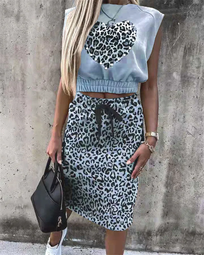 

Fashion Leopard Print Two Piece Set Women Round Neck Sleeveless Tshirt Skirt Suit Casual 2 Piece Suit Women