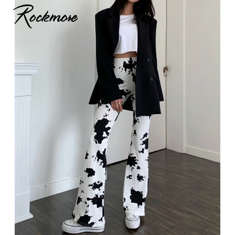 

Rockmore Cow Print Knitted Flare Pants Women'S High Waist SweatPants y2k Vintage Baggy Wide Leg Trousers Female Harajuku Capris