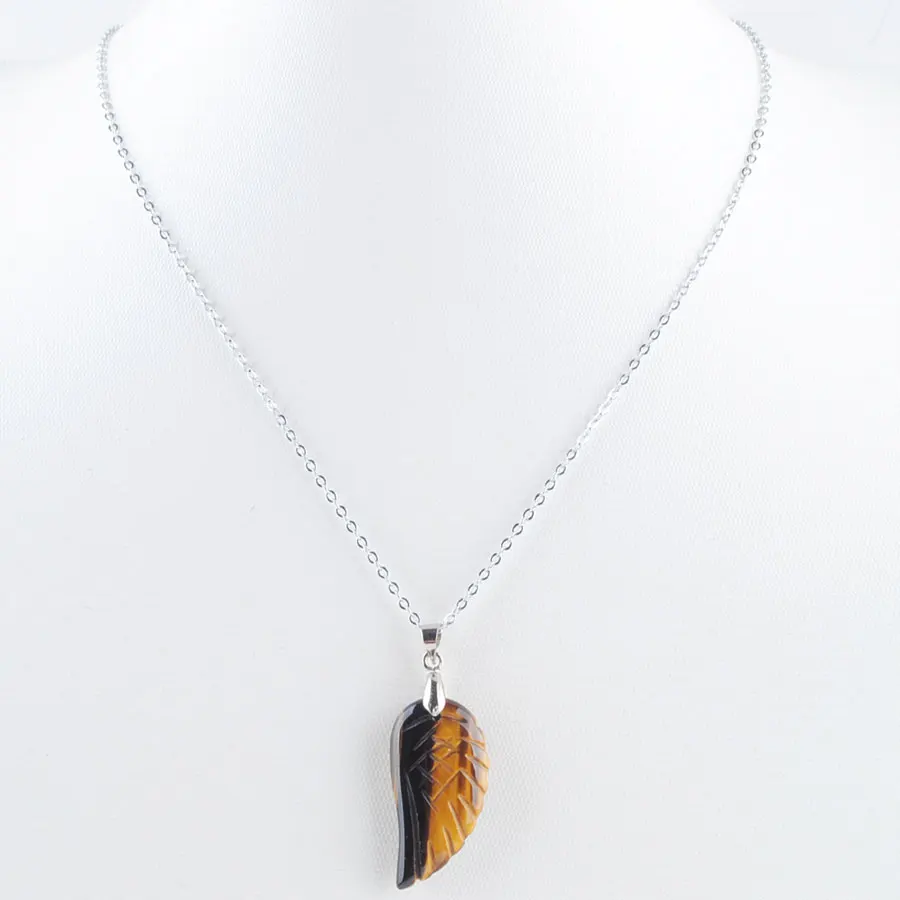 Tigers Eye Necklace Натуральные драгоценные камни, бусины крылья посеребренные Рейки чакра кулон ожерелье 18 дюймов WOJIAER PBN358 - Окраска металла: Tigers Eye Necklace