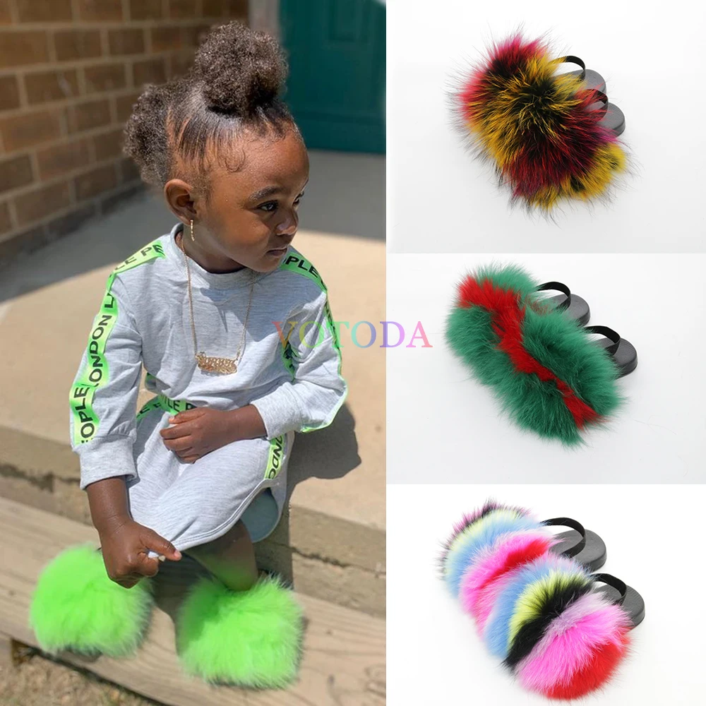 

Kids Fur Slides With Strap Furry Fox Fur Slippers Children Rainbow Slippers Outdoor Flat Flip Flops Hot Casual Fluffy Baby Shoes