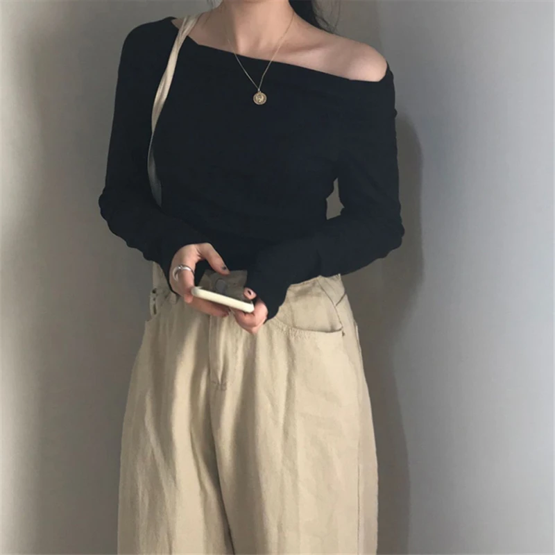 

Spring Slash Neck Women T-shirts Casual Long Sleeves Female Solid Long Sleeve Top Shirts Slim Ladies Fashion Elegant T Shirts