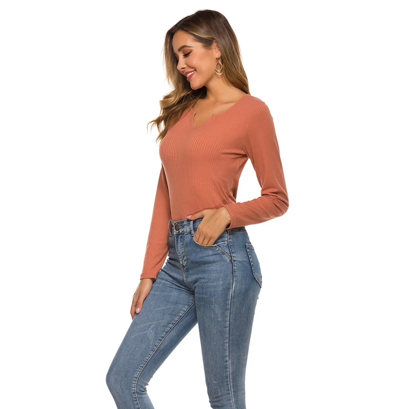 Женская трикотажная футболка с длинным рукавом и V образным вырезом|Футболки| |