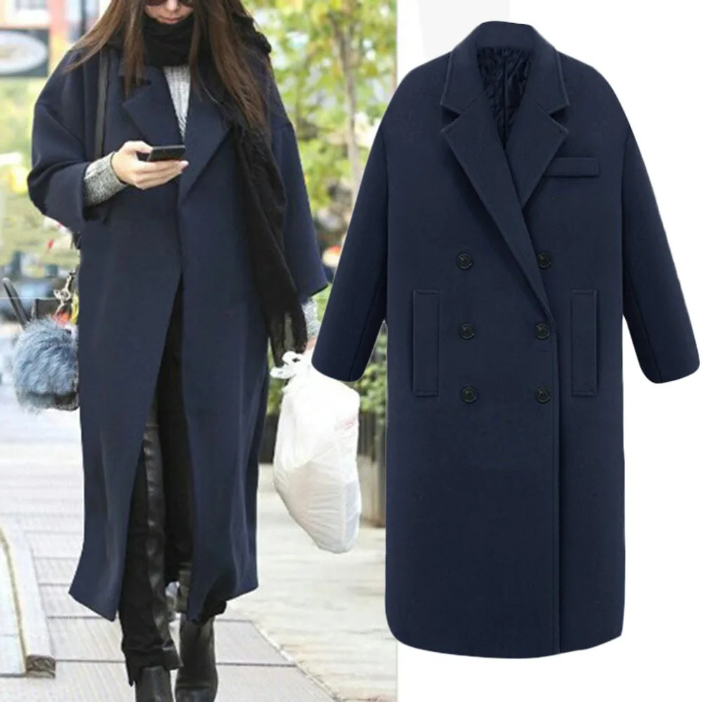 Женское осенне зимнее шерстяное двубортное пальто Тренч на пуговицах Свободное