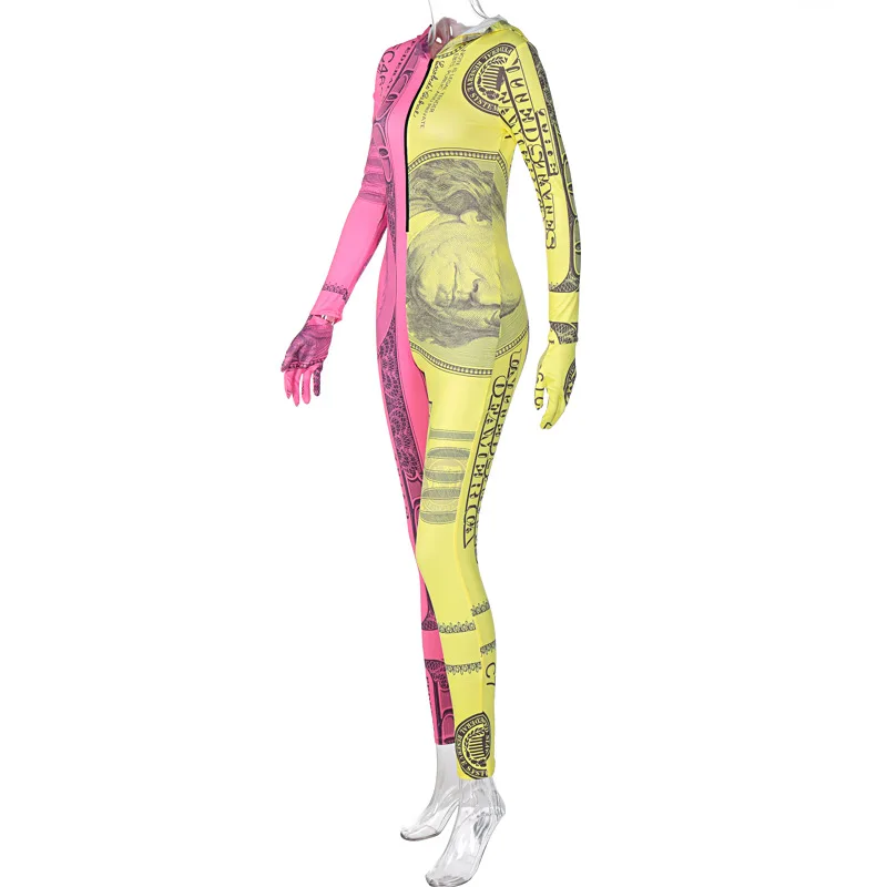 

European and American style 2021 spring and summer new fashion printing half open neck zipper hooded finger set pants