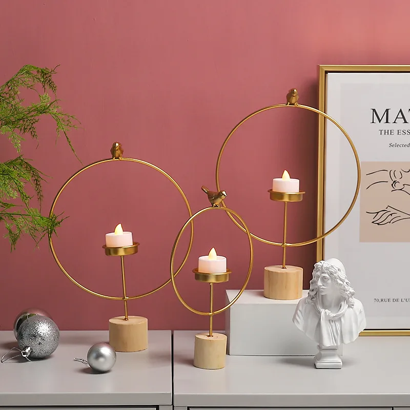 

Nordic simple solid wood round base iron bird Candlestick decoration creative home living room dining table decoration