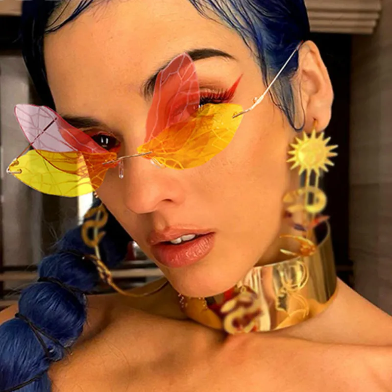 

Fashion Sunglasses Women Vintage Dragonfly Steampunk Sunglasses Men Rimless Clear Ocean Lens Eyewear Shades UV400