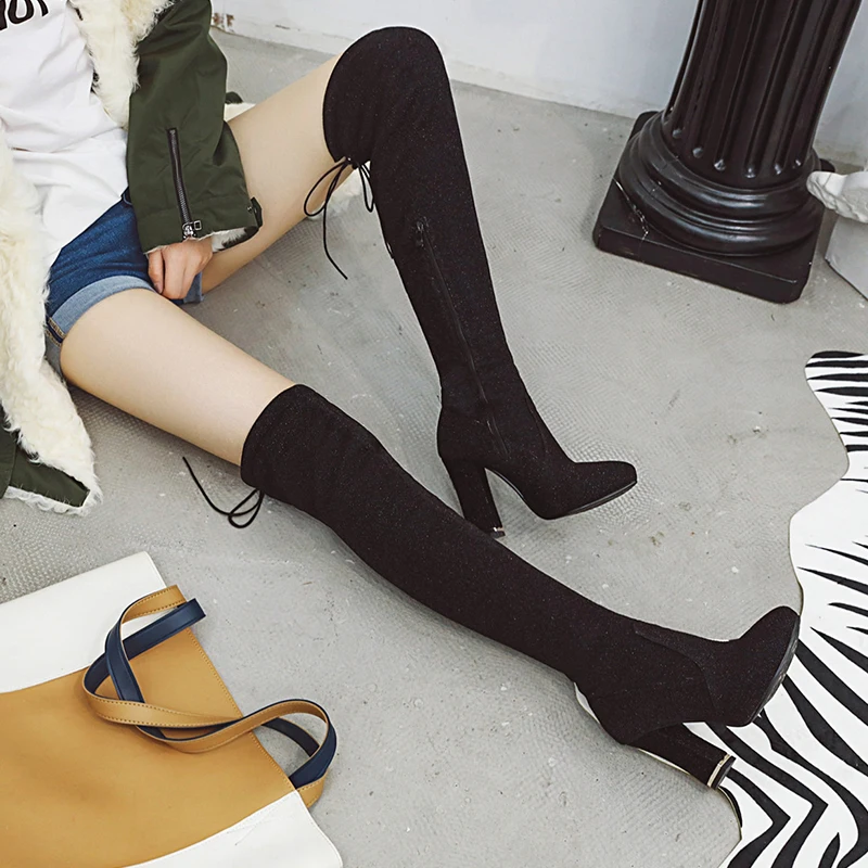 

WETKISS Pointed Toe Thick Heel High Shoes Fashion Simple Women Over The Knee Boot Zip Non Slip Female Long Boot Winter New Shoes