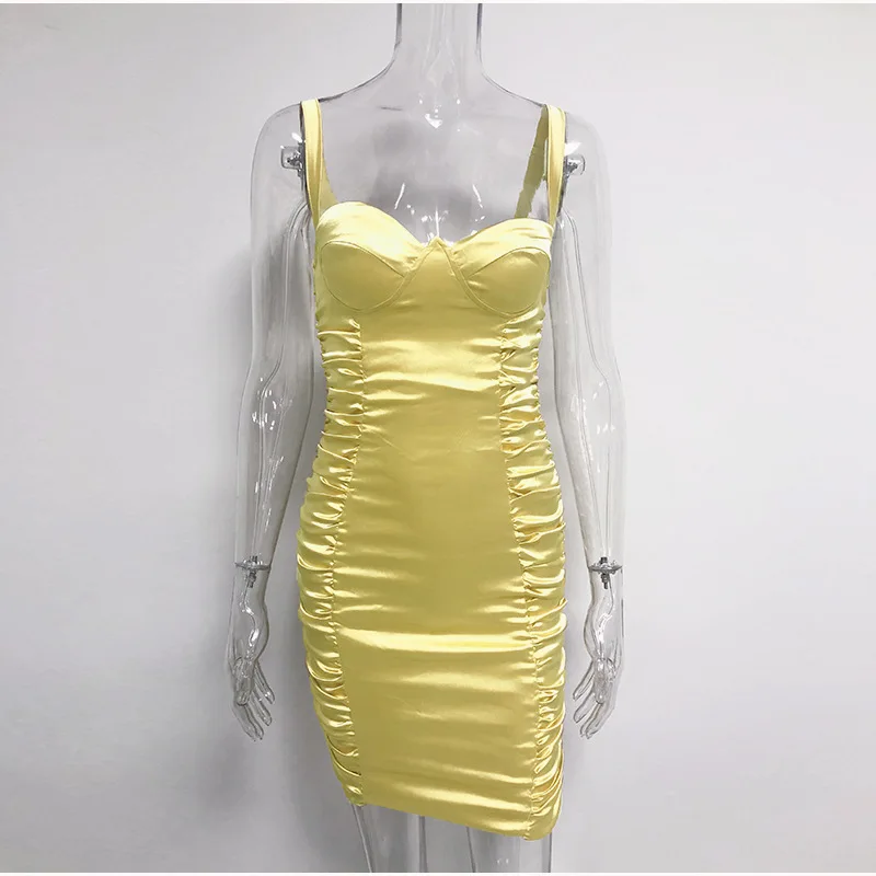 Мода блестящие Ruched Bodycon Вечерние Платье для ночного клуба Сатиновые туфли с ремешком мини платье Для женщин Vestidos сексуальный пуш-ап в обтяжку женская одежда