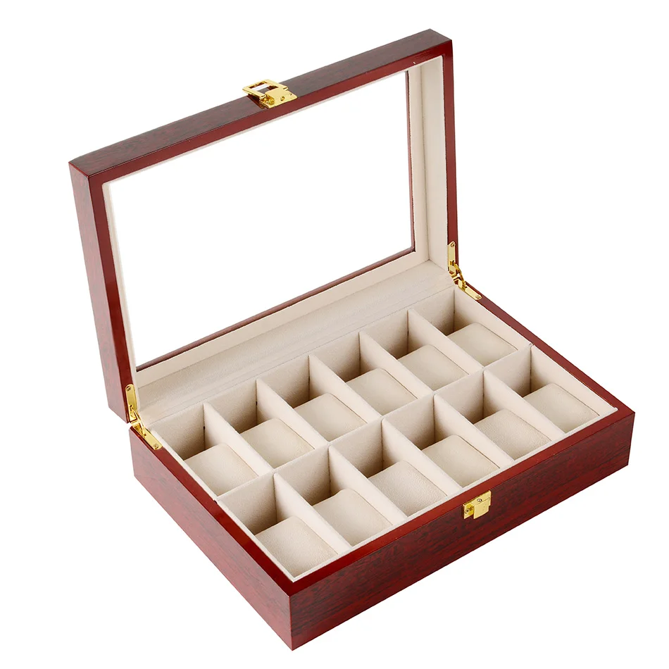 12grids red Для нового IPad 2/3/5/6/10/12 слотов часы ящик для хранения с красные, черные деревянные Стекло чехол браслет Дисплей шкатулка Подставка под часы шкатулка - Цвет: 12grids red