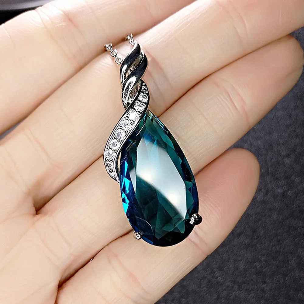 

Chic Water Drop Topaz Gemstones Diamonds Pendant Necklaces for Women Blue Austrian Crystal 18k White Gold Filled Jewelry Gifts