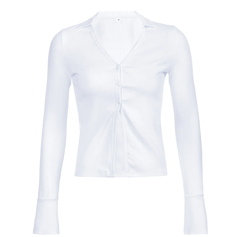 Weekeep/белые ребристые футболки для женщин расклешенный длинный рукав v-образный