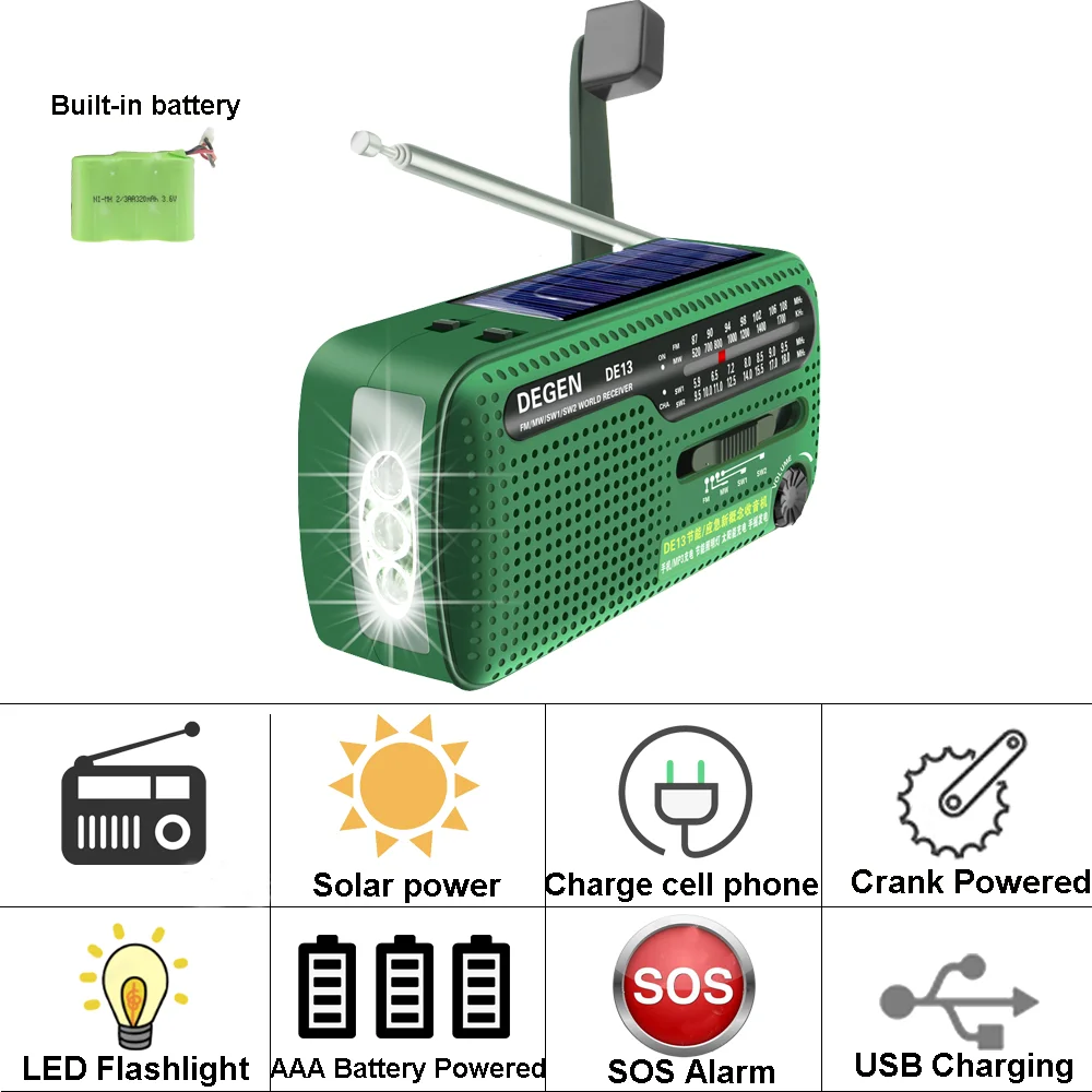 

DEGEN DE13 Flashlight FM Sun Alarm Clock Radio Can Power Your Phone, Call For Help Suitable for Wild Adventures in an Emergency