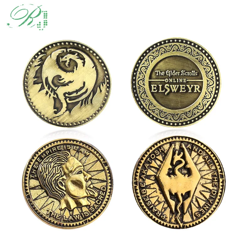 

RJ The Elder Scrolls Online Elsweyr Coin Keychain Morrowind Dinosaur Fly Dragon Keyring Men Game Souvenir Jewelry Gift