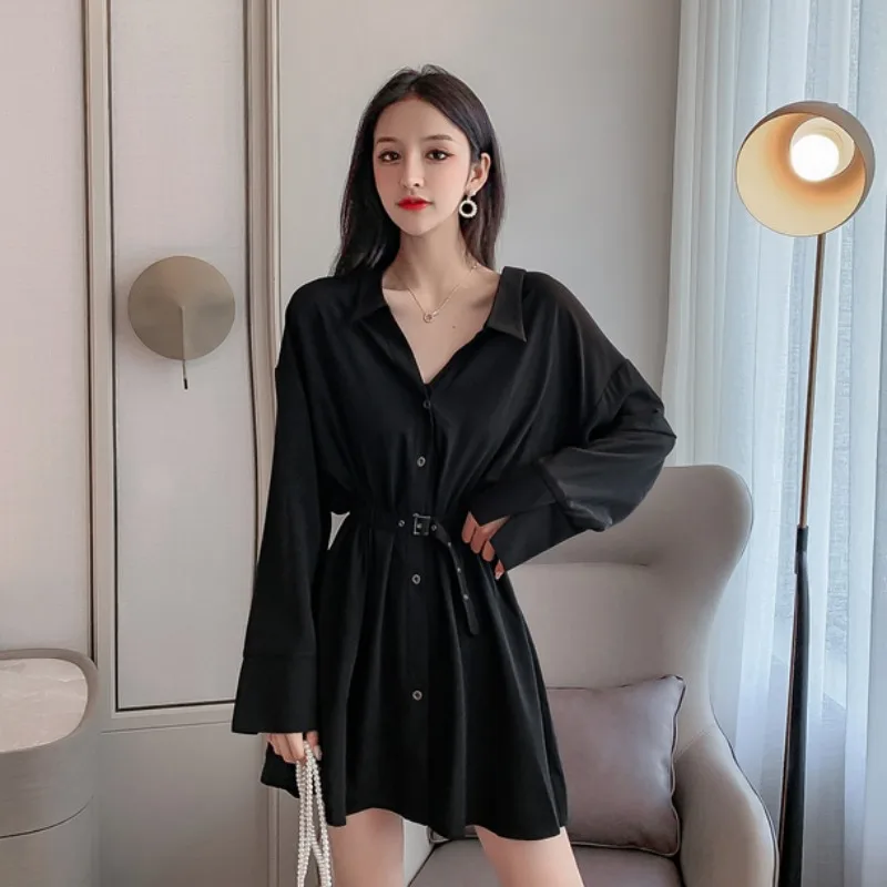 Черное мини-платье-рубашка с узкой талией платье во французском Корейском стиле
