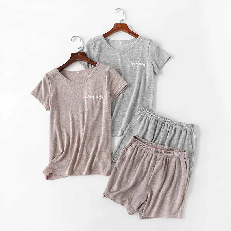 

Summer women's pajamas short sleeve shorts two pieces set thin home suits round neck elastic waist loose causal outside wear