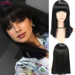 HANNE средний черный синтетический парик с челкой прямые парики для женщин высокотемпературные волосы натуральные афроамериканские волосы парики