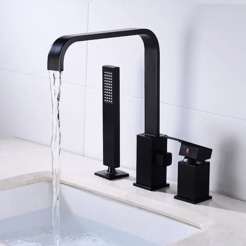 

Смеситель для раковины в ванной комнате с насадкой для душа, черный широко распространенный смеситель-водопад, смеситель для раковины, смеситель для раковины в душевой комнате