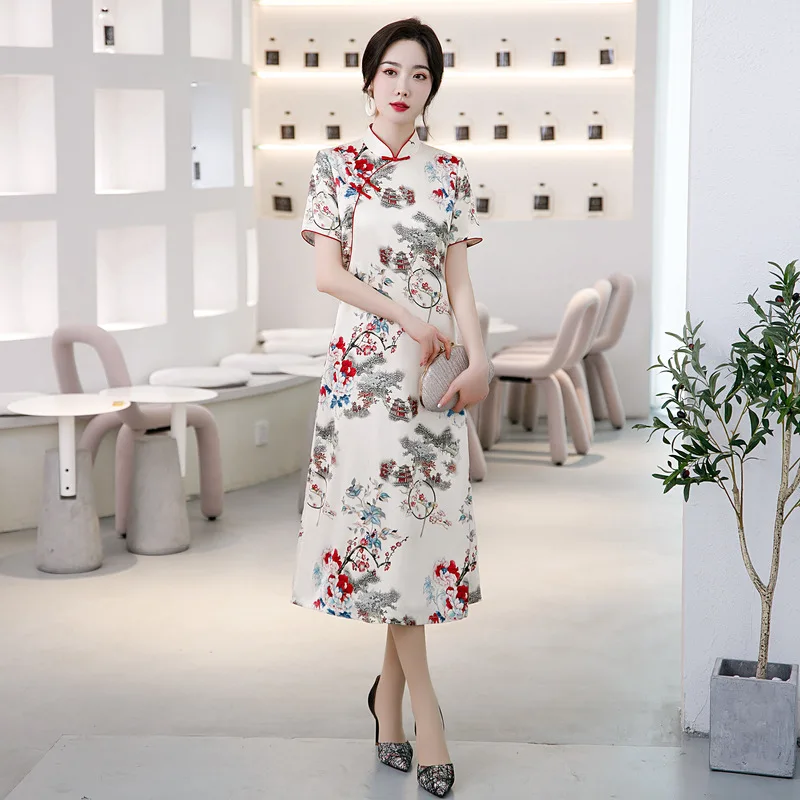 

FZSLCYIYI Sexy Floral Printed Satin Short Sleeve A-Line Qipao Chinese Traditional Mandarin Collar Cheongsam Dress Oversize 3XL