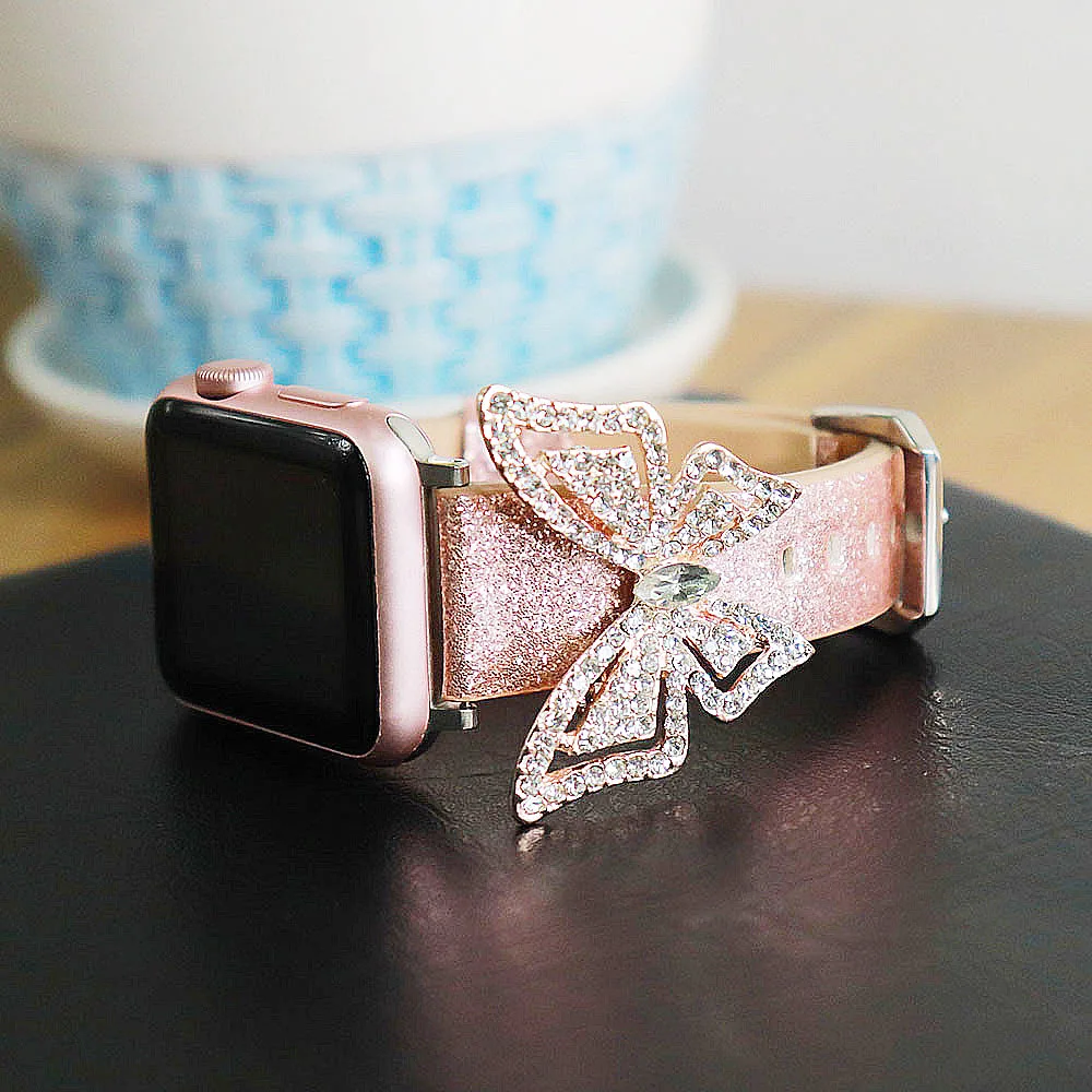 Блестящий кожаный ремешок с бабочкой для Apple Watch Band Series 1 2 3 4 5 6 SE браслет со