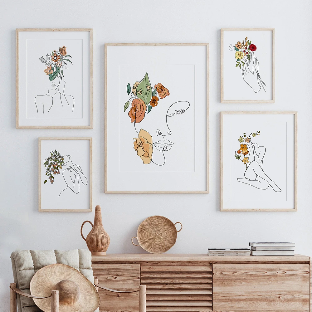 

Flower Woman One Line Art Drawing Picture Nordic Canvas Painting Wall Art Minimalist Posters and Print Room Decoration No Frame