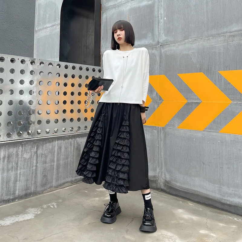 

2021 Summer Models Personalize Design Loose High-waisted Patchwork A-line Fungus Okamoto Wind Black Match All Women Skirt