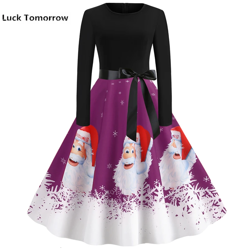 Зимние платья Для женщин 2019 размера плюс фиолетовый Рождественское праздничное платье Санта Клаус принтом