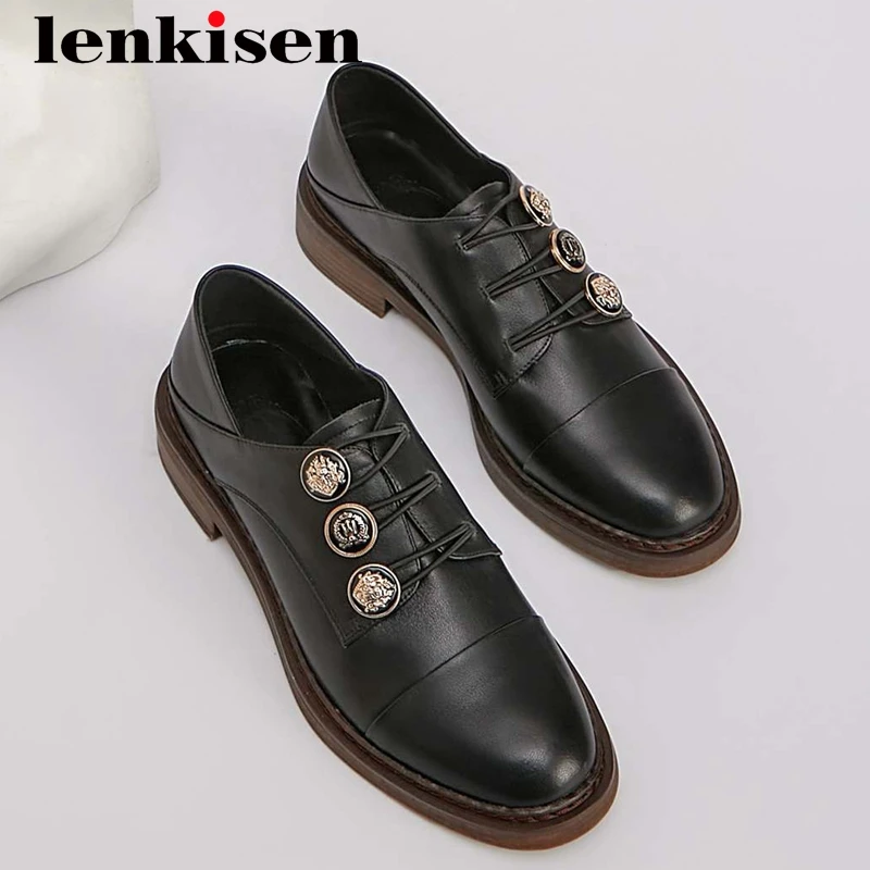 

Lenkisen spring summer season full grain leather button classic colors round toe med heel slip on sewing leisure women pumps L53