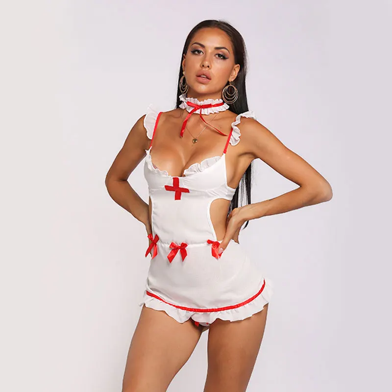 

Adult sexy nurse uniform mesh lace ribbon bow thong servant pajamas underwear cosplay temptation underwear dress sexy clothes