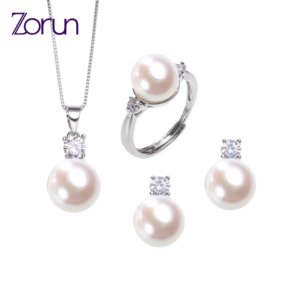 

Zorun Real Natural Freshwater Pearl Sets Fashion/Fine Jewelry 10MM with 18K White Gold Filled Accessories for Women New Design