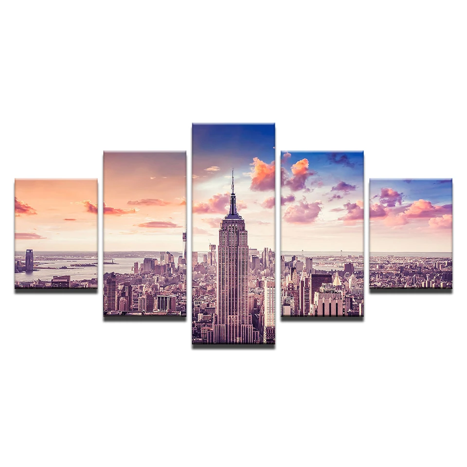 

Modular Canvas Painting 5 Pieces Sunset New York City Building Cityscape Poster Home Decoration Wall Art Pictures No Frame
