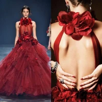 2020 elegant red prom dresses jewel neck 3d floral appliques ball gown floor length evening dress tiers formal party dresses